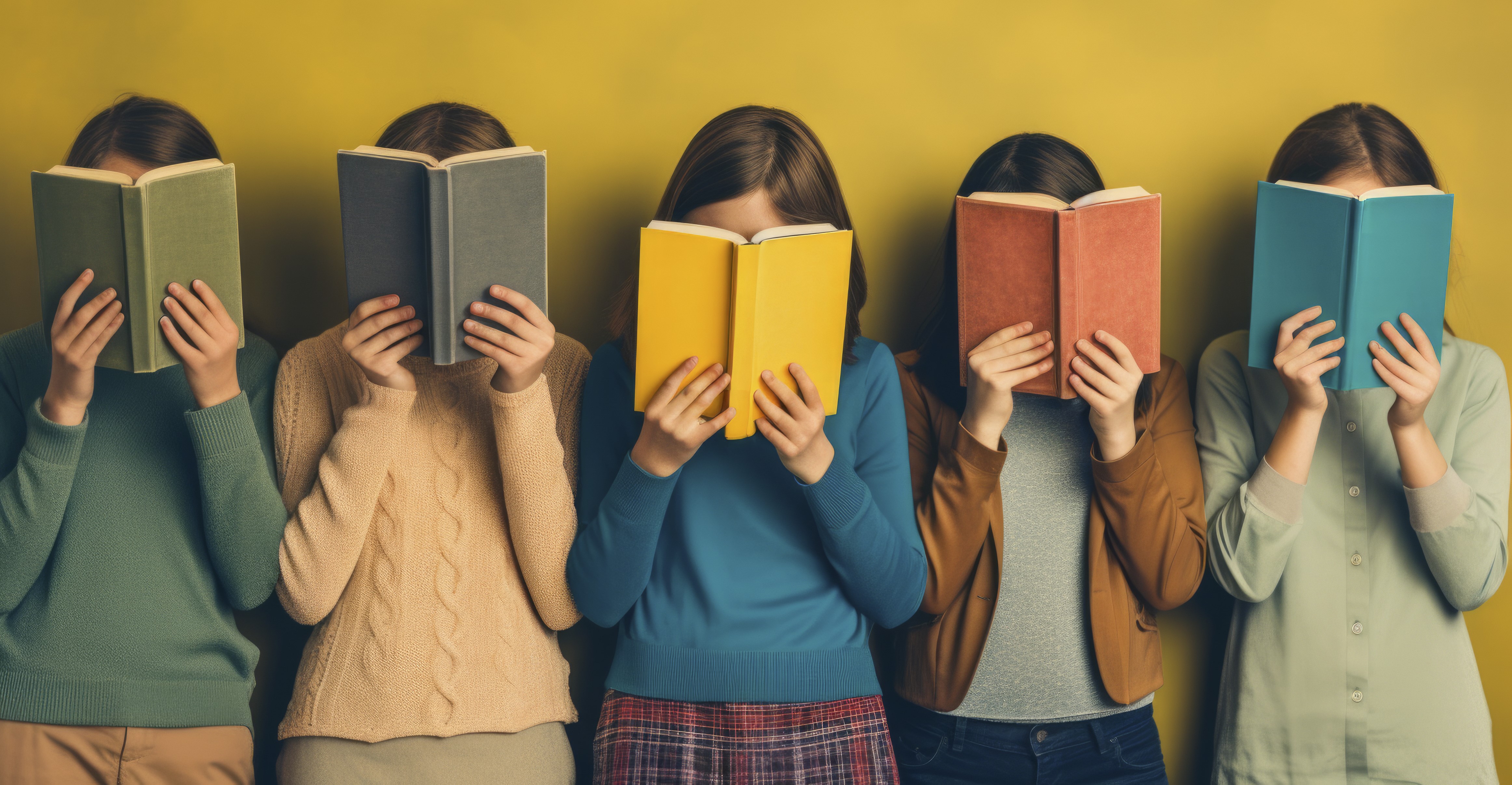 cinco chicas paradas delante de una pared amarilla con sus caras tapadas por libros abiertos como si estuvieran leyendo