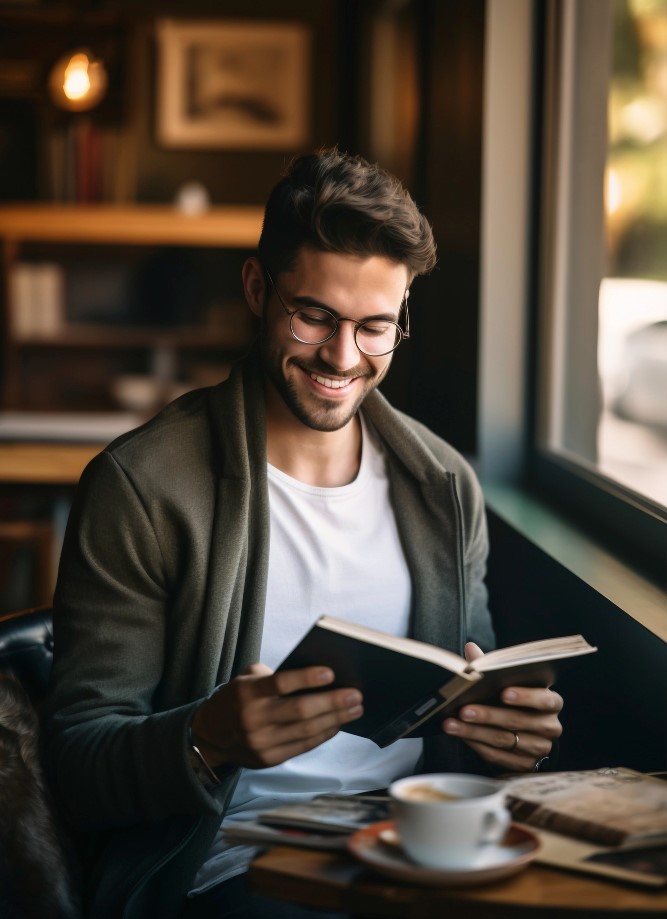 chico con lentes leyendo y sonriendo en una cafetería