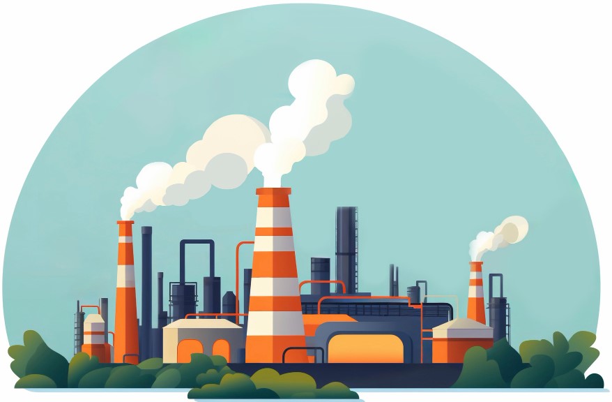 Dibujo de una fábrica con varias chimeneas echando humo