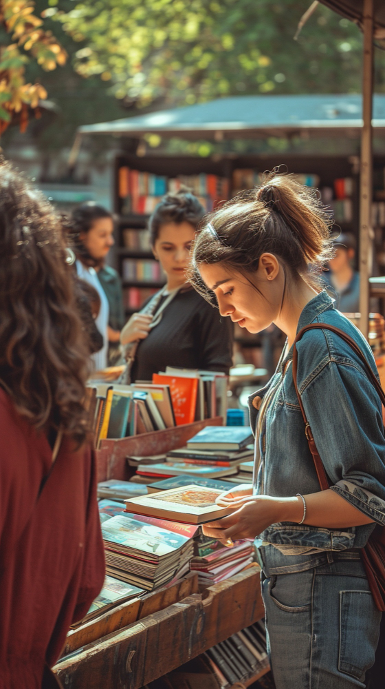 chica mirando y eligiendo un libro en una feria al aire libre de libros usados