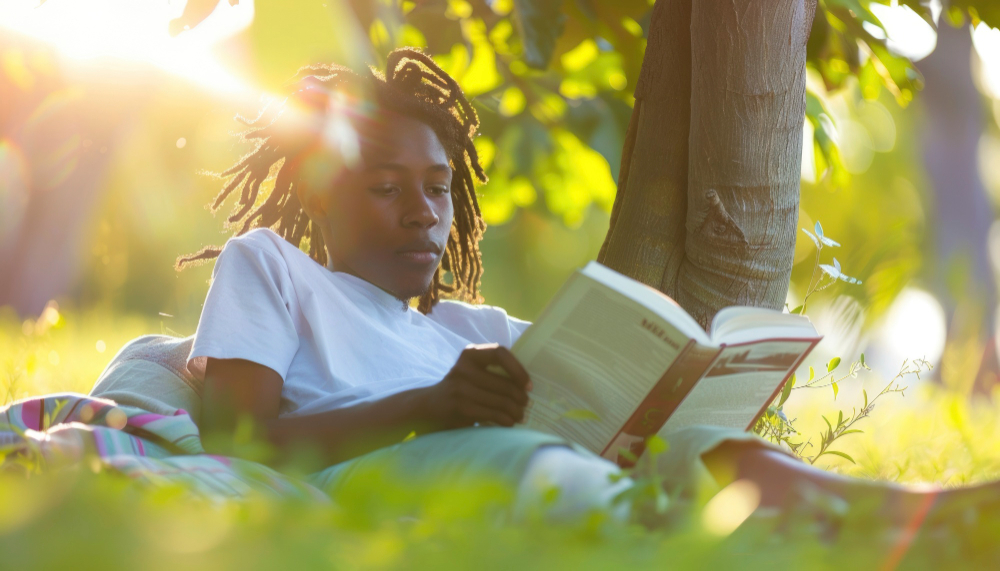hombre recostado sobre el pasto, debajo de un árbol leyendo