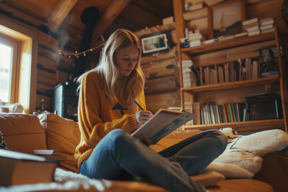 chica sentada en un sillón con las piernas cruzadas leyendo y escribiendo en el libro. Hay una biblioteca en el fondo.