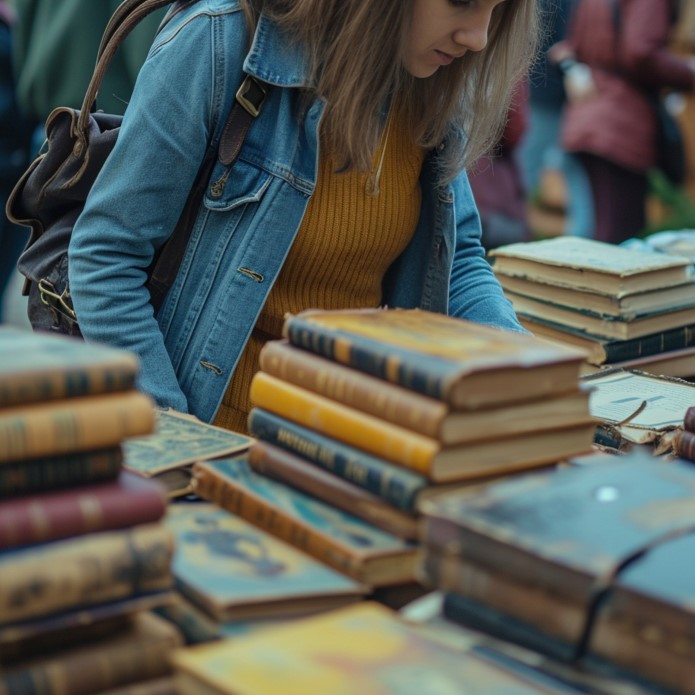 chica mirando libros en una feria