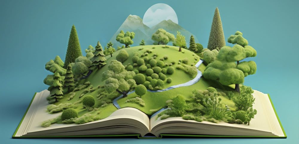 libro abierto con un paisaje verde lleno de árboles, arbustos y un río. Detrás se ve una montaña y la luna