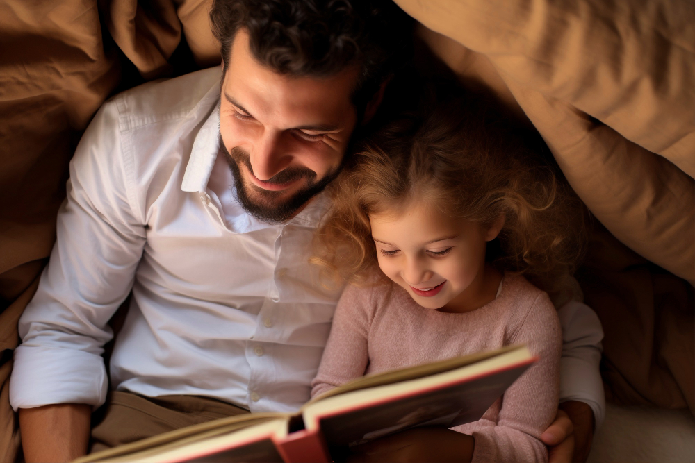 una niña y un hombre sonriendo y leyendo debajo de una manta como si fuera una carpa