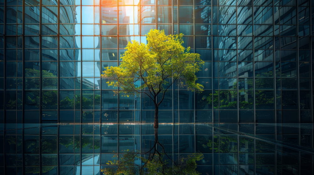 imagen de un árbol delante de una pared espejada y un piso igualmente espejado